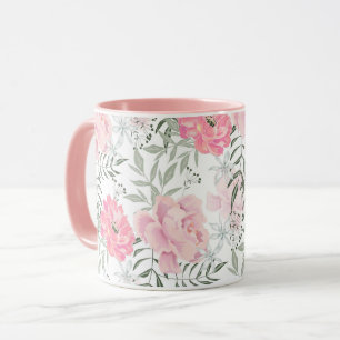 Peonies pink rose flowers mug