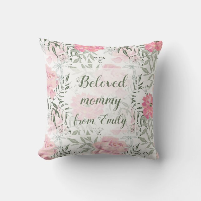 Peonies pink rose flowers personalised cushion (Front)