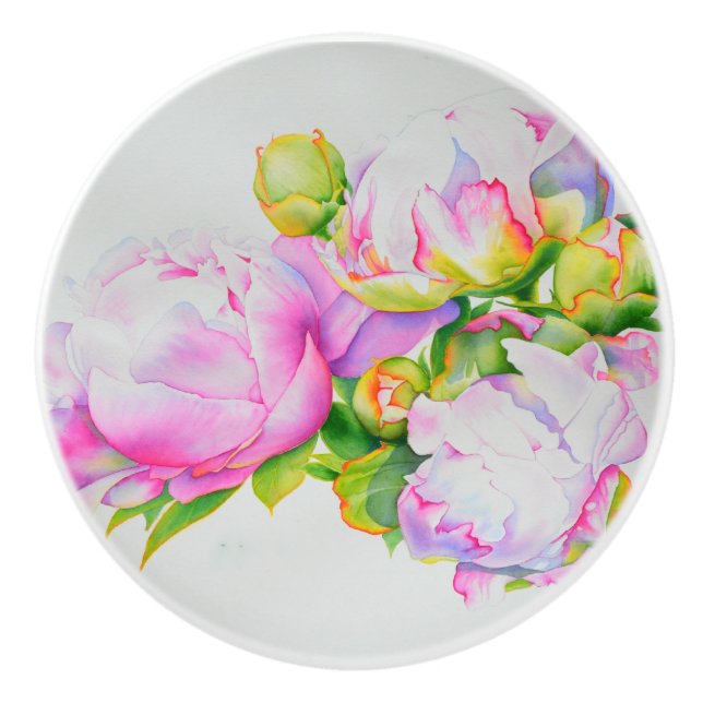 Peonies, pink, white, floral watercolor painting ceramic knob (Front)