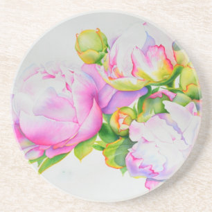 Peonies, pink, white, floral watercolor painting coaster