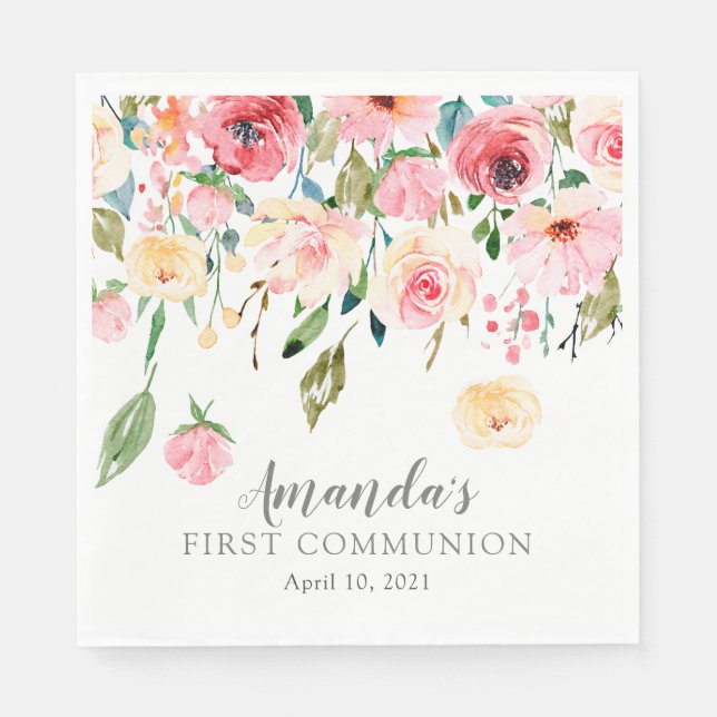 Peonies Rose Floral First Communion Napkin (Front)