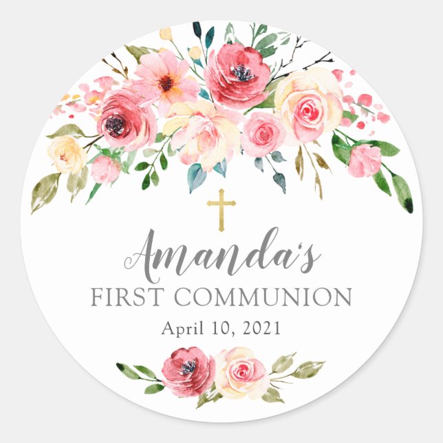 Peonies Rose Floral First Communion Sticker (Front)