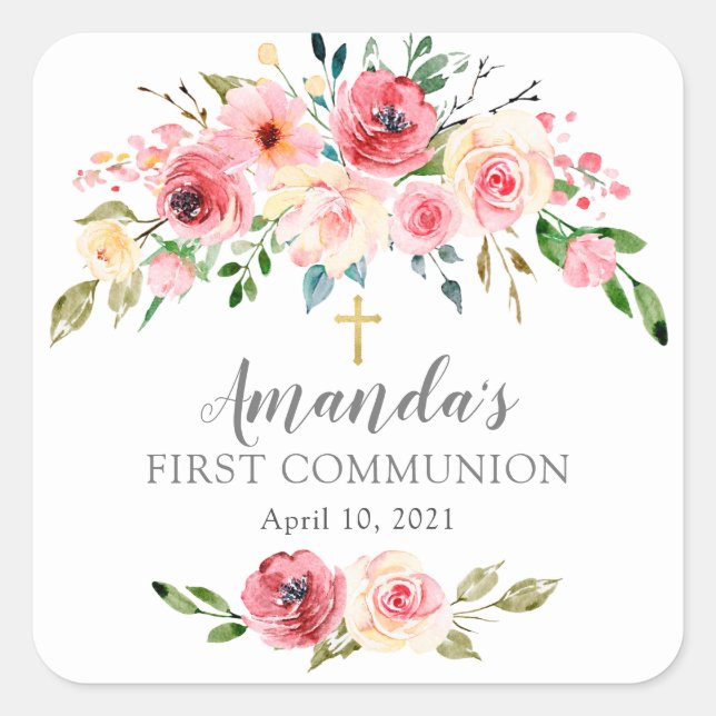 Peonies Rose Floral First Communion Sticker (Front)
