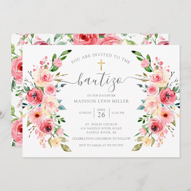 Peonies Rose Floral Spanish Baptism Invitation (Front/Back)