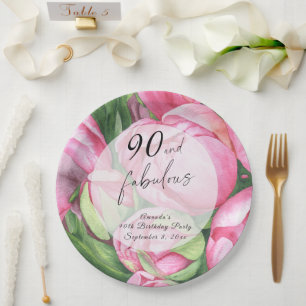 Peonies roses 90th Birthday Party Paper Plate