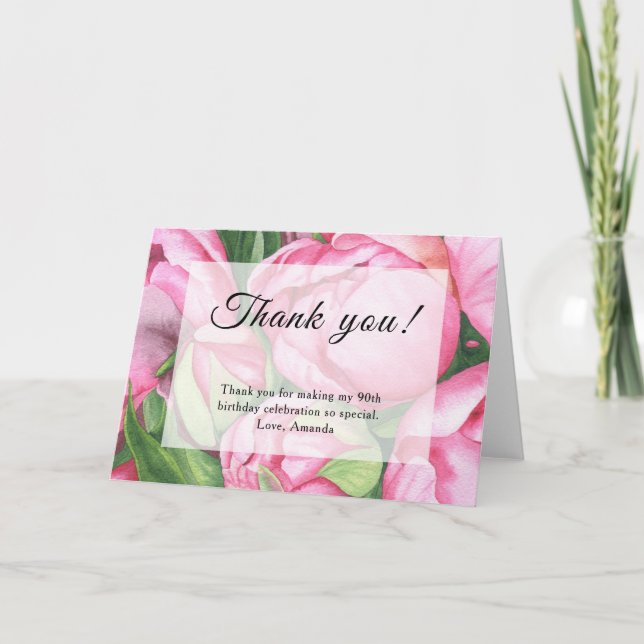 Peonies Roses 90th Birthday Party Thank You Card (Front)