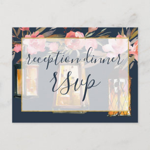 Peonies Rustic Navy Coral Floral Reception Dinner Invitation Postcard