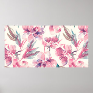 Peonies Seamless Pattern. Watercolor Background.  Poster