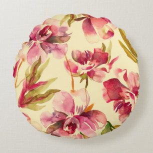 Peonies Seamless Pattern. Watercolor Background. Round Cushion