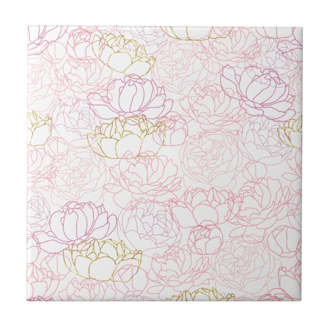 Peonies touch of gold ceramic tile (Front)