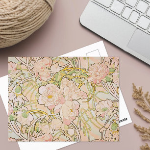 Peonies Watercolor Alphonse Mucha Postcard