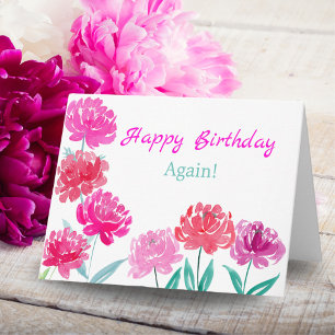 Peonies Watercolor Happy Birthday Again! Card