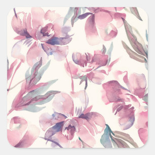 Peonies watercolor: seamless floral background. square sticker