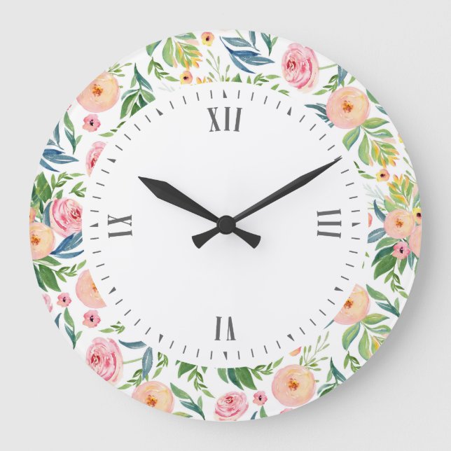 Peonies watercolors illustration pattern large clock (Front)