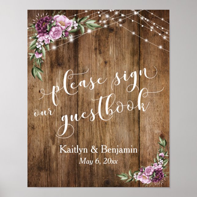 Peonies, Wood & Lights Please Sign Our Guestbook (Front)
