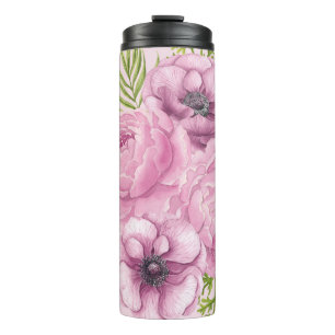 Peony and anemone flowers watercolor thermal tumbler