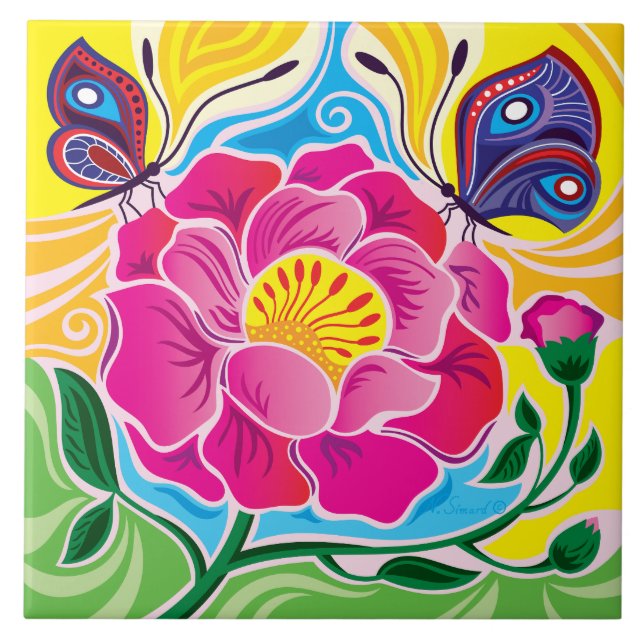 Peony and Butterflies Ceramic Tile (Front)