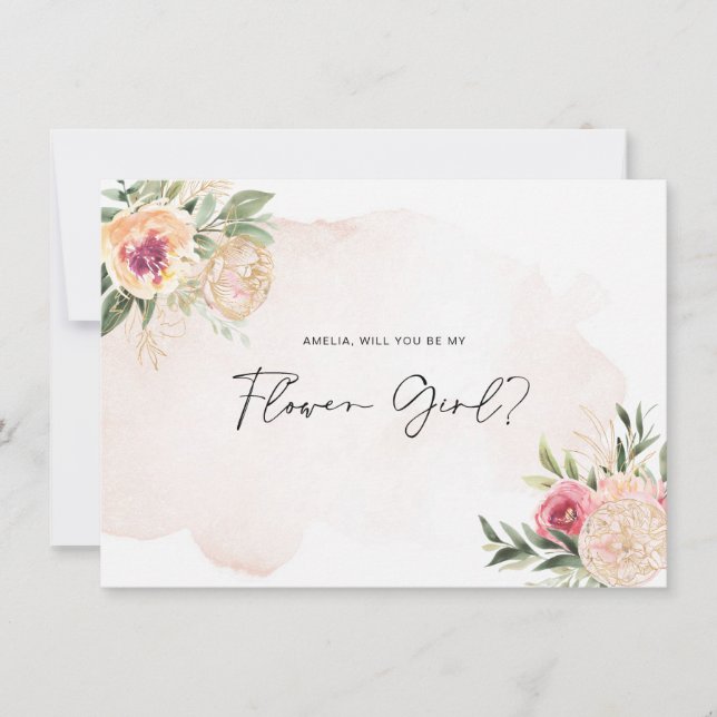 Peony and Gold Bloom Flower Girl Flat Card (Front)