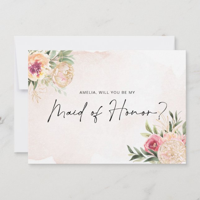 Peony and Gold Bloom Maid of Honor Flat Card (Front)