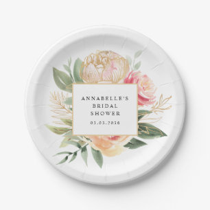 Peony and Gold Flowers Bridal Shower Paper Plate