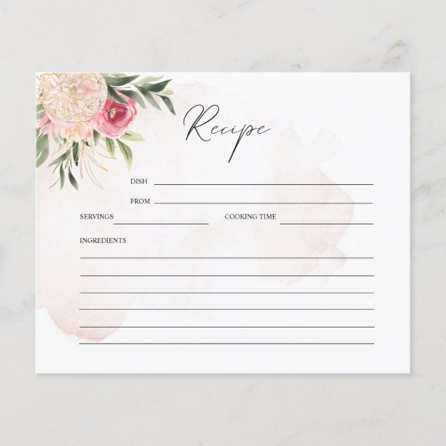 Peony and Gold Flowers Bridal Shower Recipe Card (Front)