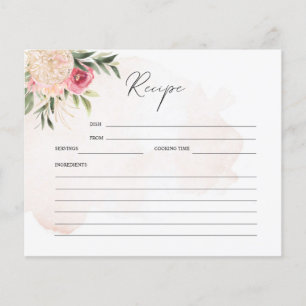 Peony and Gold Flowers Bridal Shower Recipe Card