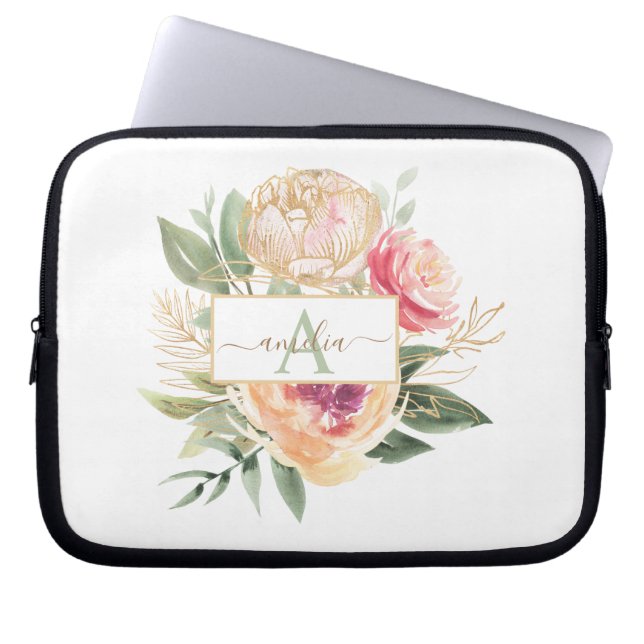 Peony and Gold Flowers Monogram Name iPad Pro Cove Laptop Sleeve (Front)