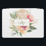 Peony and Gold Flowers Monogram Name iPad Pro Cover<br><div class="desc">Designed to coordinate with our Peony and Gold collection, this customizable matching monogram iPad cover features luscious pink and gold peony flowers with green foliage with classic lettering. For more advanced customisation of this design, please click the "CUSTOMIZE" button above. Please note, gold foil is a printed effect and not...</div>