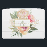 Peony and Gold Flowers Monogram Name iPad Pro Cover<br><div class="desc">Designed to coordinate with our Peony and Gold collection, this customizable matching monogram iPad cover features luscious pink and gold peony flowers with green foliage with classic lettering. For more advanced customisation of this design, please click the "CUSTOMIZE" button above. Please note, gold foil is a printed effect and not...</div>