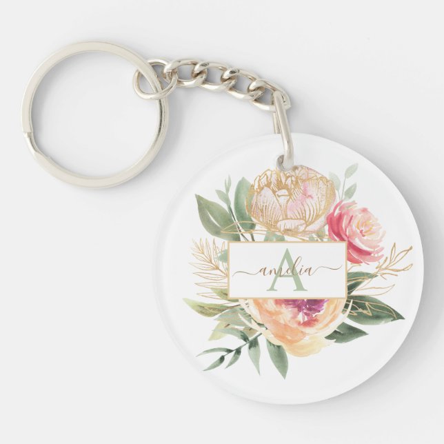 Peony and Gold Flowers Monogram Name Key Ring (Front)