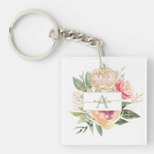 Peony and Gold Flowers Monogram Name Key Ring