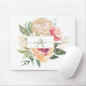 Peony and Gold Flowers Monogram Name Mouse Pad (With Mouse)