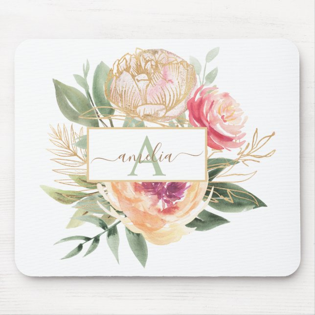 Peony and Gold Flowers Monogram Name Mouse Pad (Front)