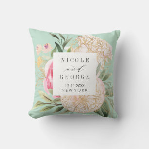 Peony and gold flowers monogram wedding keepsake cushion
