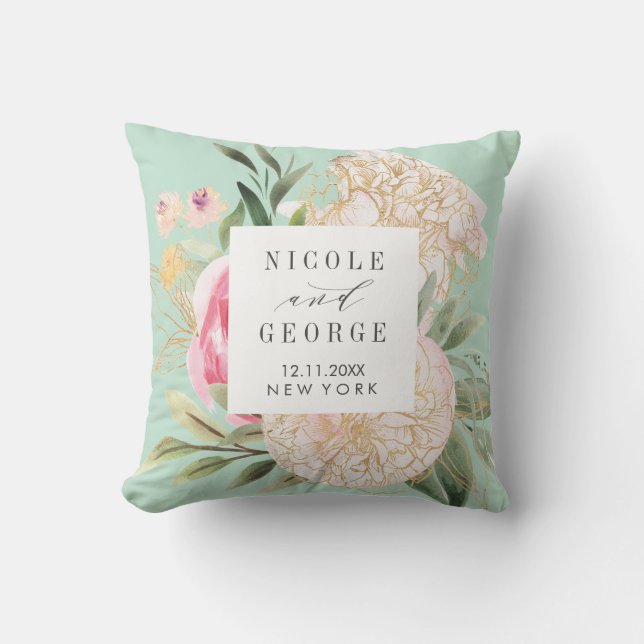 Peony and gold flowers monogram wedding keepsake cushion (Front)