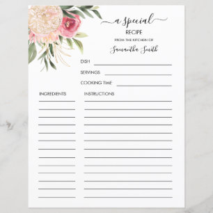 Peony and Gold Flowers Name Recipe Card