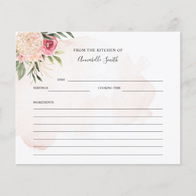 Peony and Gold Flowers Name Recipe Card (Front)