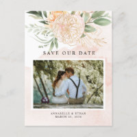 Peony and Gold Flowers Save the date Postcard