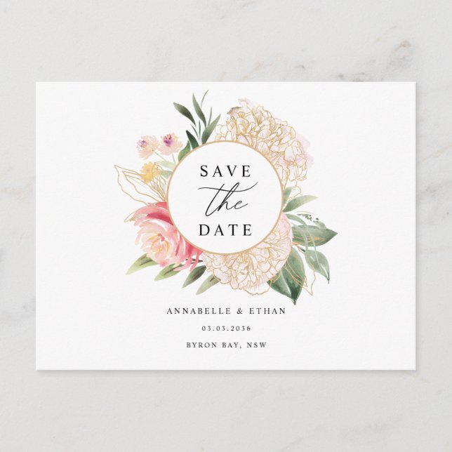 Peony and Gold Flowers Save the date Postcard (Front)