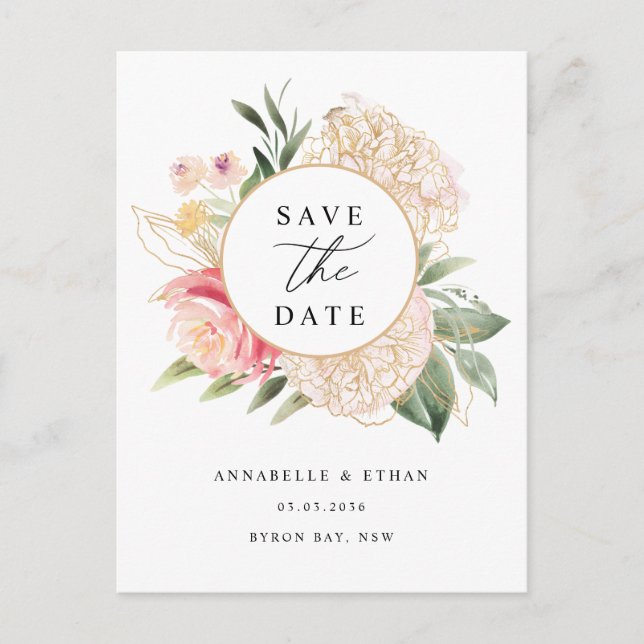 Peony and Gold Flowers Save the date Postcard (Front)