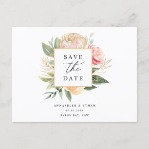 Peony and Gold Flowers Save the date postcard