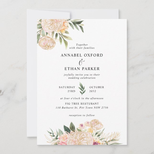 Peony and Gold Flowers Wedding Invitation (Front)