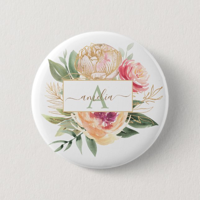 Peony and Gold Foil Bloom Monogram Name Badge (Front)