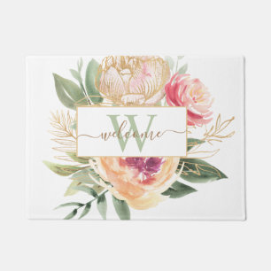 Peony and Gold Foil Bloom Monogram Name Doormat