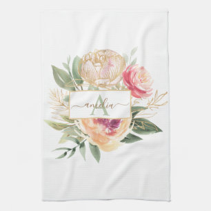 Peony and Gold Foil Bloom Monogram Name Tea Towel