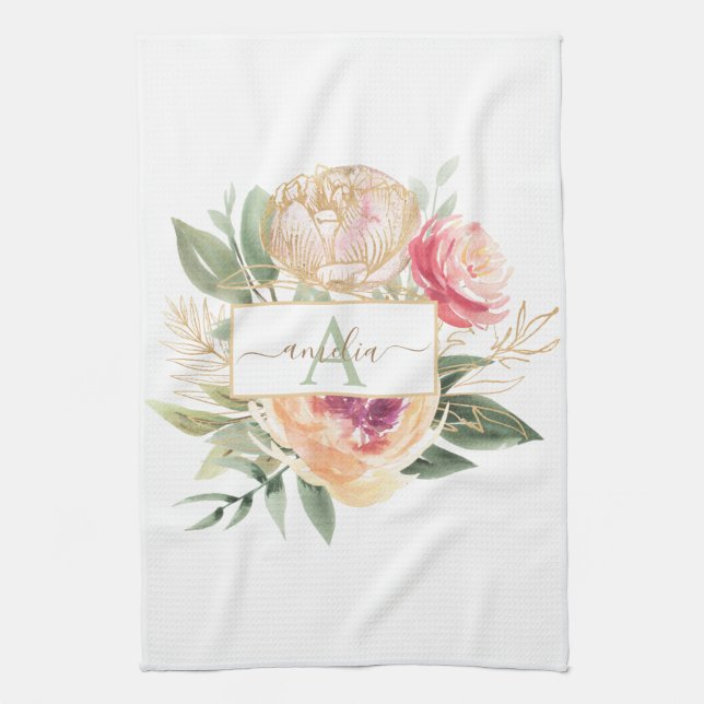 Peony and Gold Foil Bloom Monogram Name Tea Towel (Vertical)