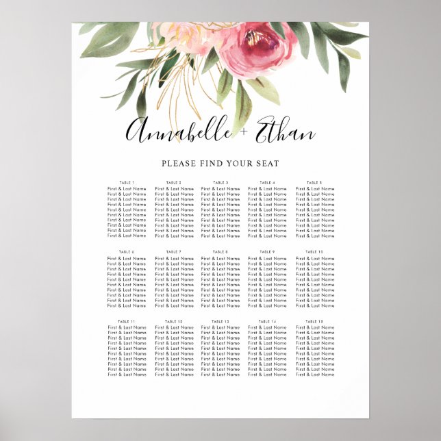 Peony and Gold Foil Bloom Seating Chart (Front)