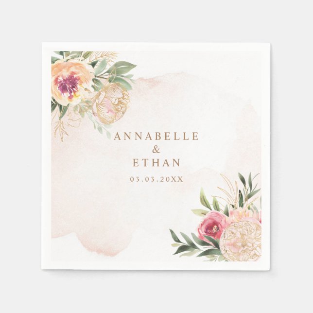 Peony and Gold Foil Bloom Wedding Napkin (Front)