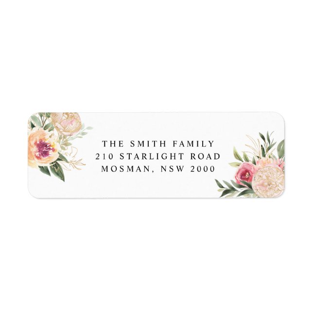 Peony and Gold Foil Blooms Return Address Label (Front)