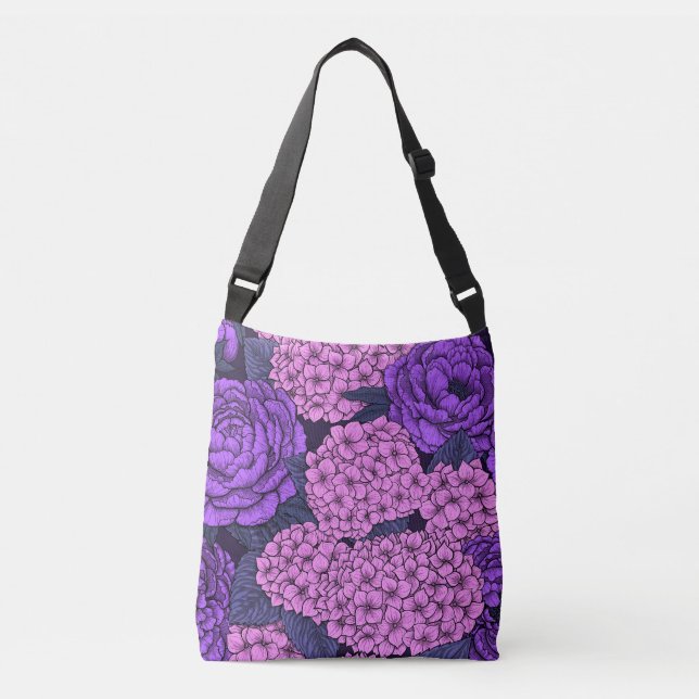Peony and hydrangea in pink and violet crossbody bag (Front)